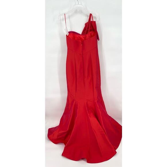 NWT Amsale Coral Fuchsia Duchess Satin Oversize Bow One Shoulder Gown size 6 - Picture 5 of 12